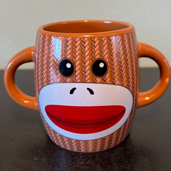 Pair of Retro Knitted Sock Monkey Ceramic Dual Handled Dual-Sided Mugs - GALERIE - Picture 3 of 9